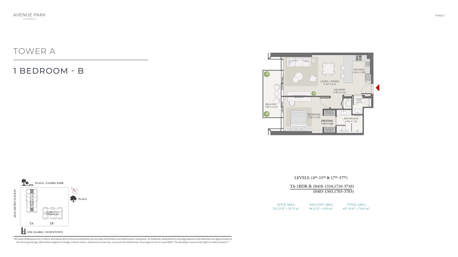 Avenue Park Towers II Tower A 1-bedroom Type B - Typical apartment floor plan, unit plan, total 857.35 sq ft (79.65 sq m).