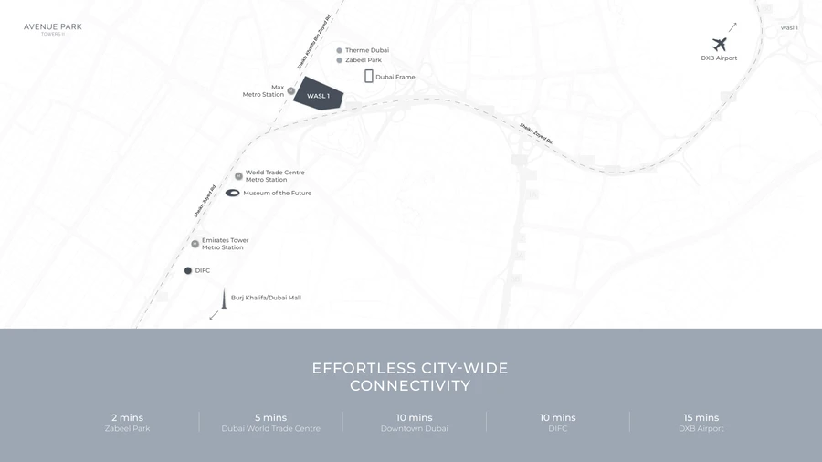 Avenue Park Towers II location map showing Zabeel Park, metro access and nearby Dubai landmarks.