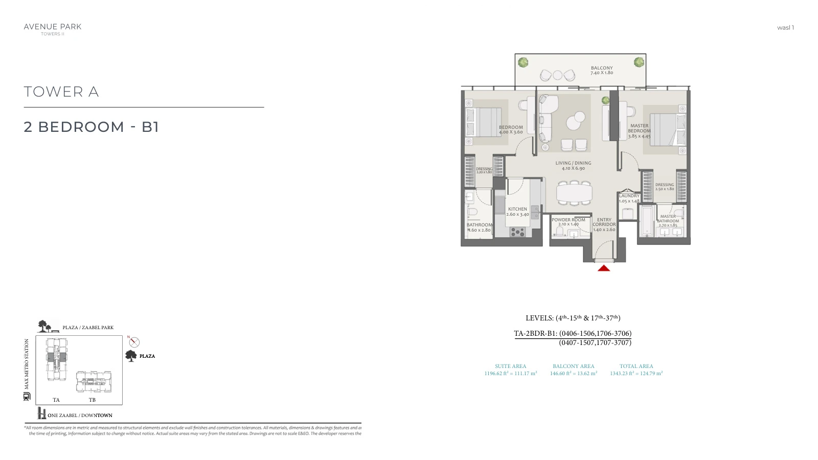 Avenue Park Towers II Tower A 2-bedroom Type B1 - Typical apartment floor plan, unit plan, total 1,343.23 sq ft (124.79 sq m).