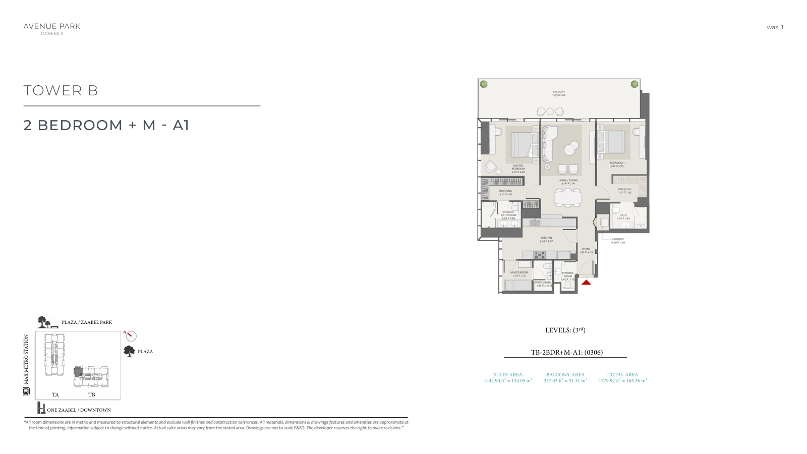 Avenue Park Towers II Tower B 2-bedroom Type A1 + Maid - Level 3 apartment floor plan, unit plan, total 1,779.92 sq ft (165.36 sq m).