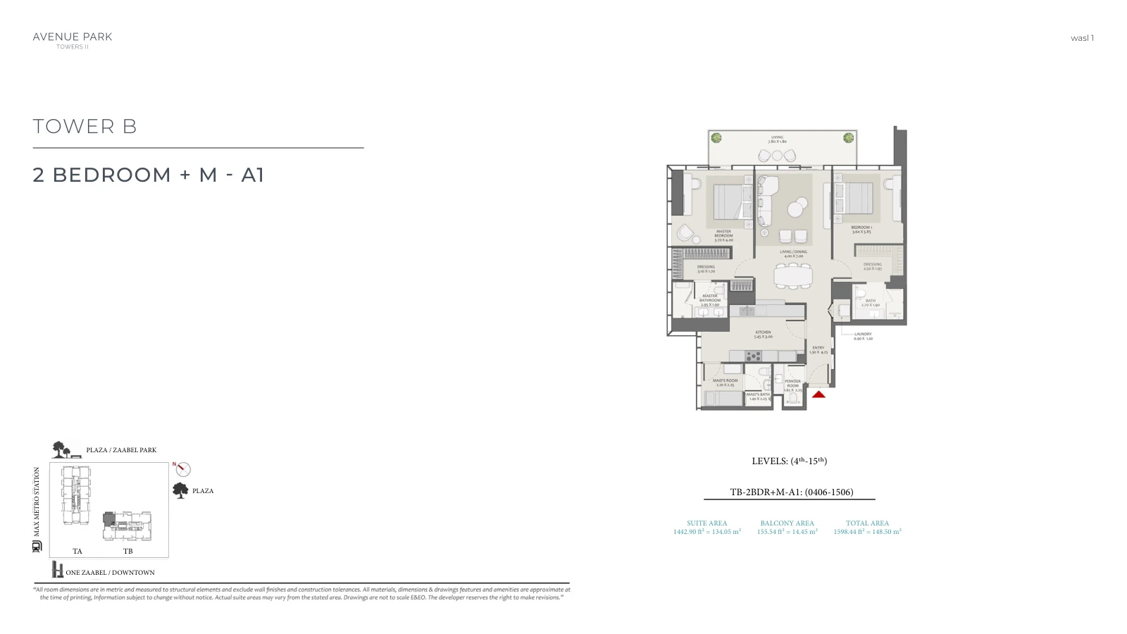 Avenue Park Towers II Tower B 2-bedroom Type A1 + Maid - Typical apartment floor plan, unit plan, total 1,598.44 sq ft (148.5 sq m).