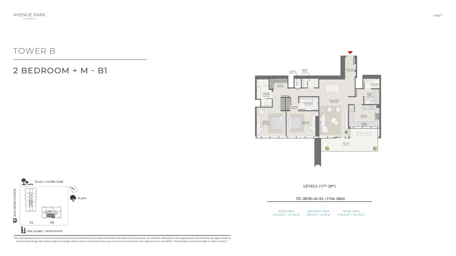 Avenue Park Towers II Tower B 2-bedroom Type B1 + Maid apartment floor plan, unit plan, total 1,740.52 sq ft (161.7 sq m).