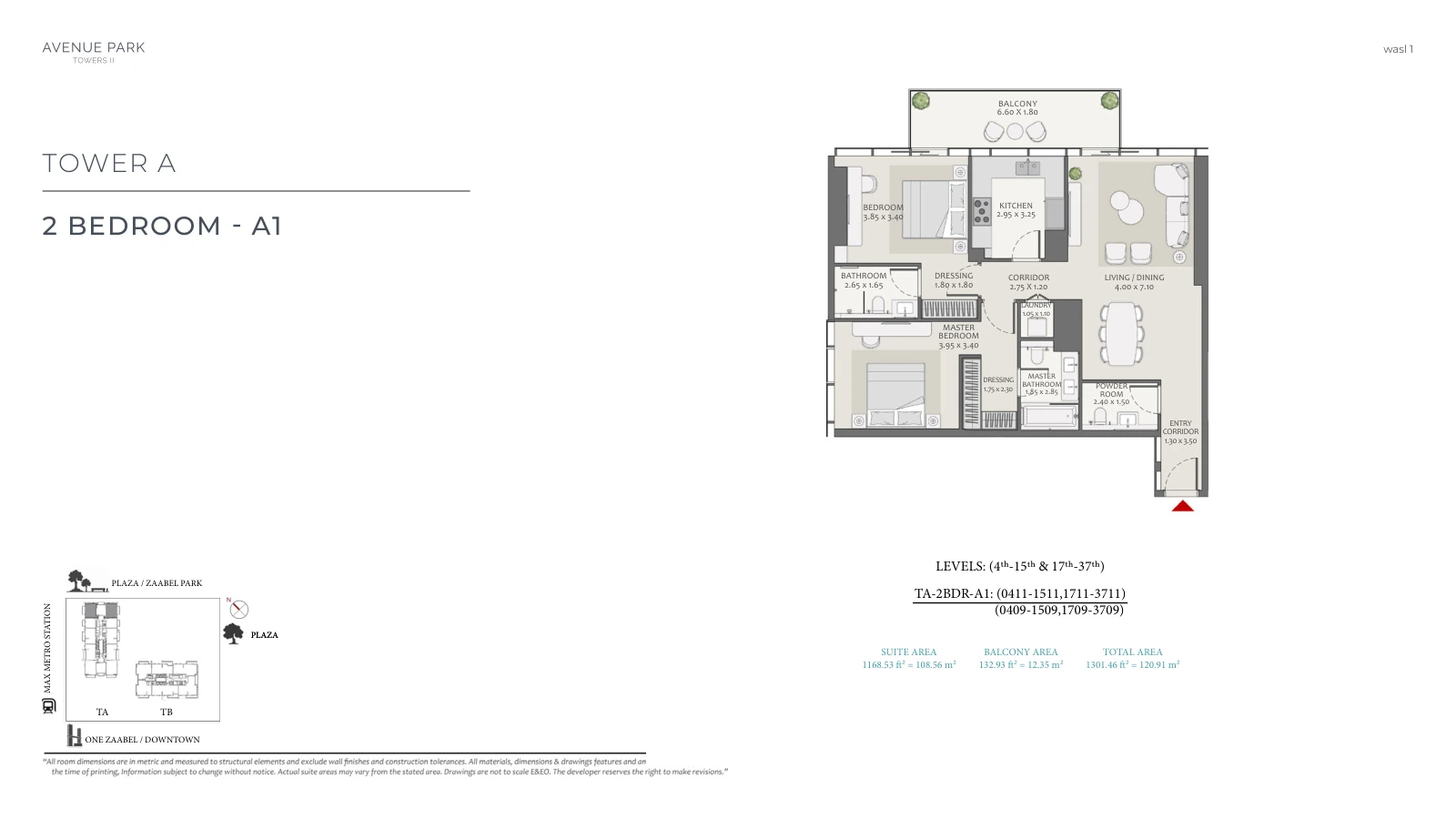Avenue Park Towers II Tower A 2-bedroom Type A1 - Typical apartment floor plan, unit plan, total 1,301.46 sq ft (120.91 sq m).