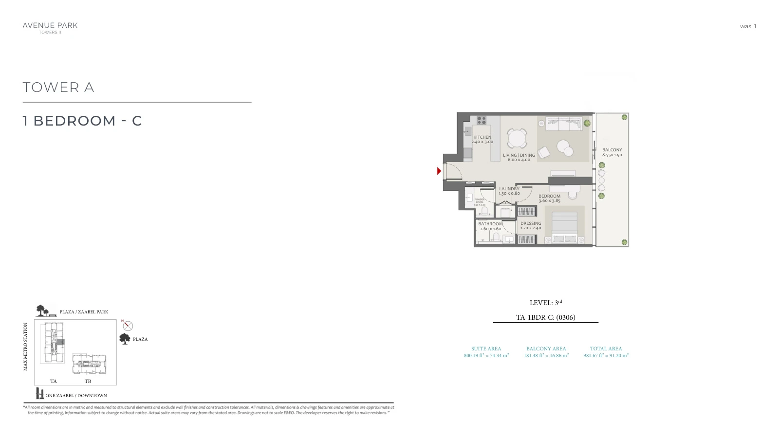 Avenue Park Towers II Tower A 1-bedroom Type C - Level 3 apartment floor plan, unit plan, total 981.67 sq ft (91.2 sq m).