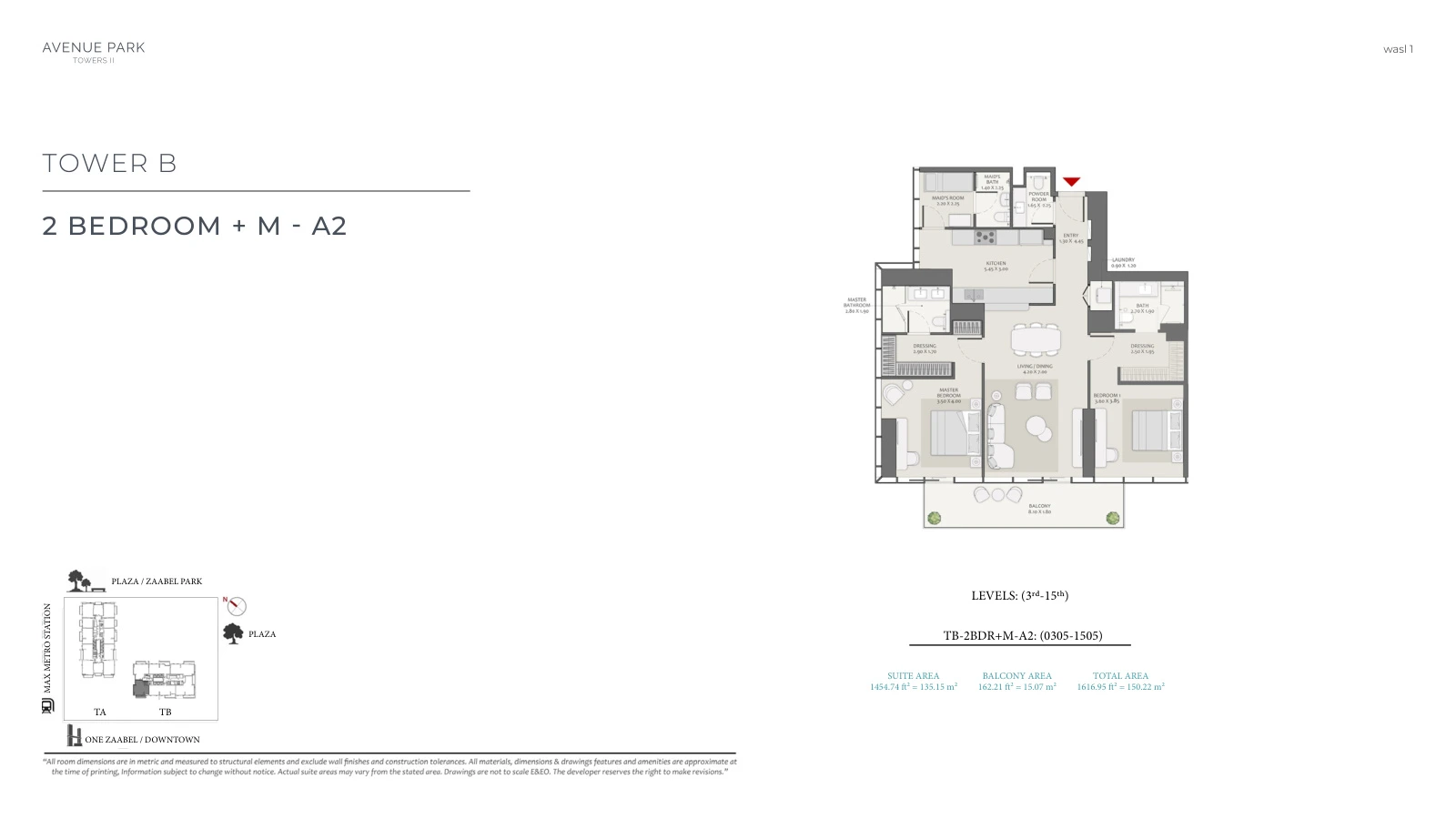 Avenue Park Towers II Tower B 2-bedroom Type A2 + Maid apartment floor plan, unit plan, total 1,616.95 sq ft (150.22 sq m).