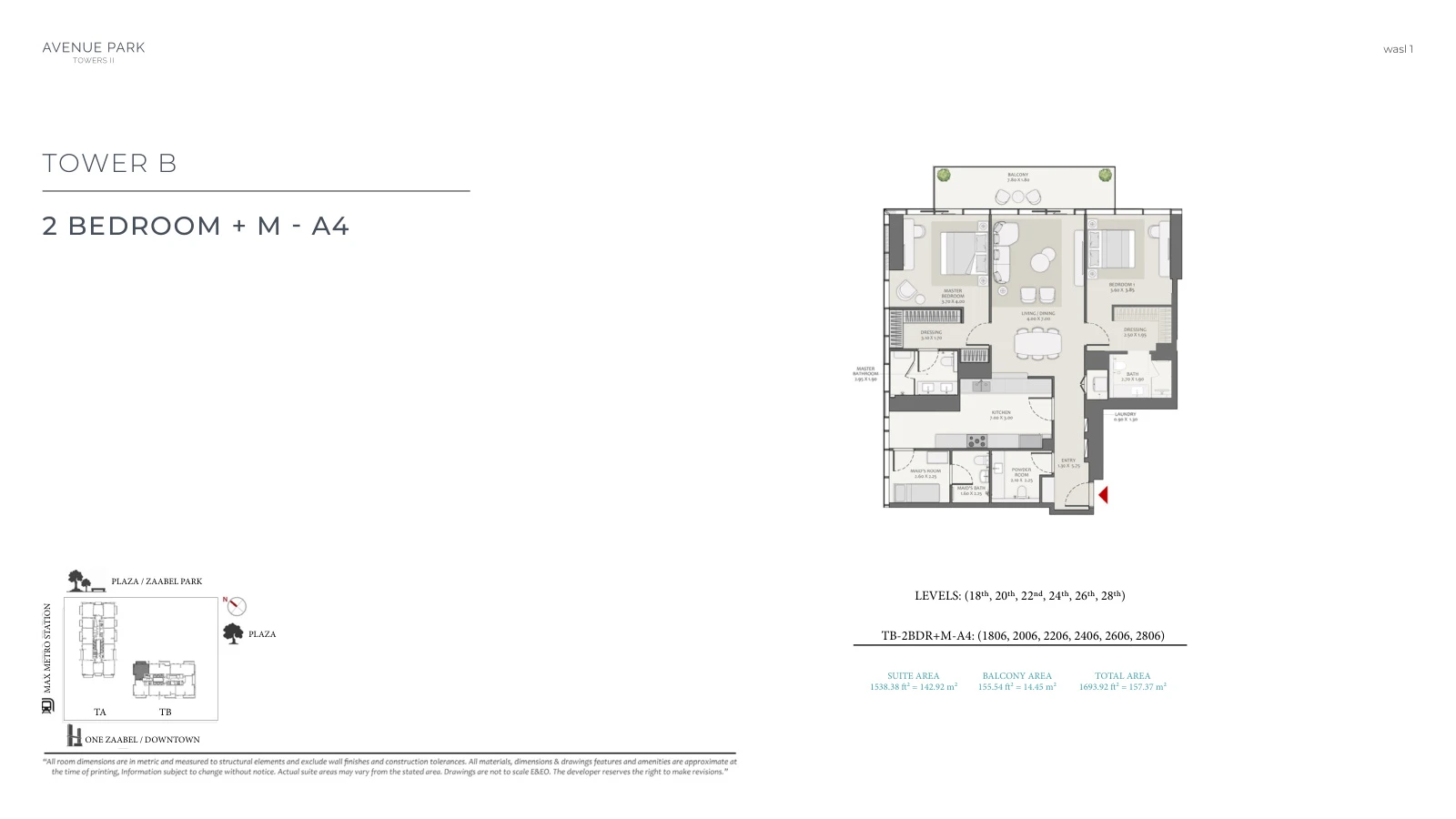Avenue Park Towers II Tower B 2-bedroom Type A4 + Maid apartment floor plan, unit plan, total 1,693.92 sq ft (157.37 sq m).