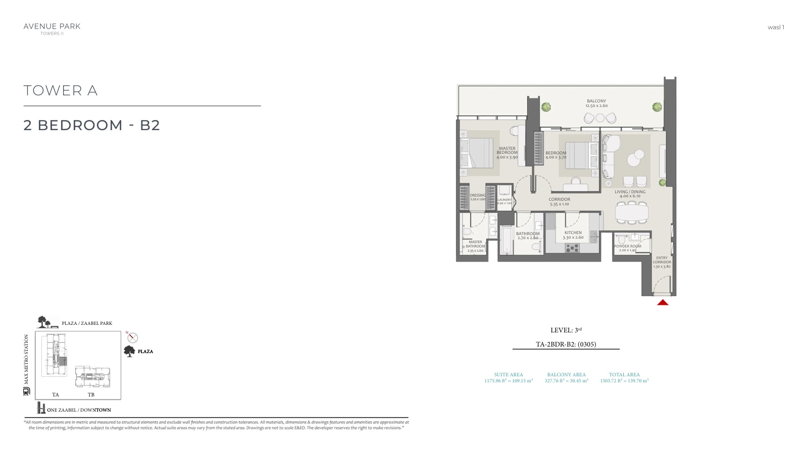 Avenue Park Towers II Tower A 2-bedroom Type B2 - Unit 0305 apartment floor plan, unit plan, total 1,503.72 sq ft (139.7 sq m).
