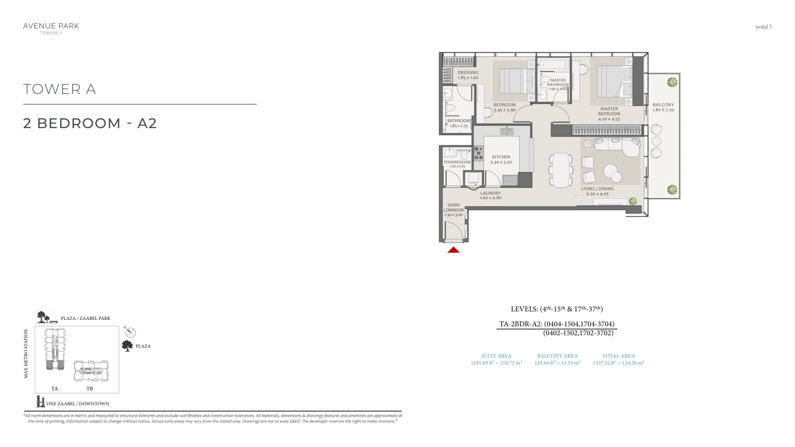 Avenue Park Towers II Tower A 2-bedroom Type A2 - Typical apartment floor plan, unit plan, total 1,337.52 sq ft (124.26 sq m).