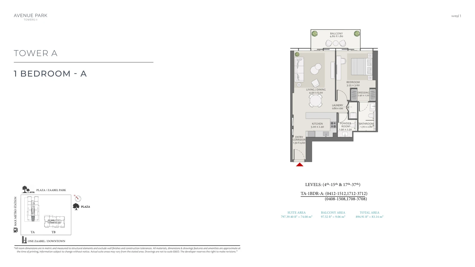 Avenue Park Towers II Tower A 1-bedroom Type A - Typical apartment floor plan, unit plan, total 894.91 sq ft (83.14 sq m).