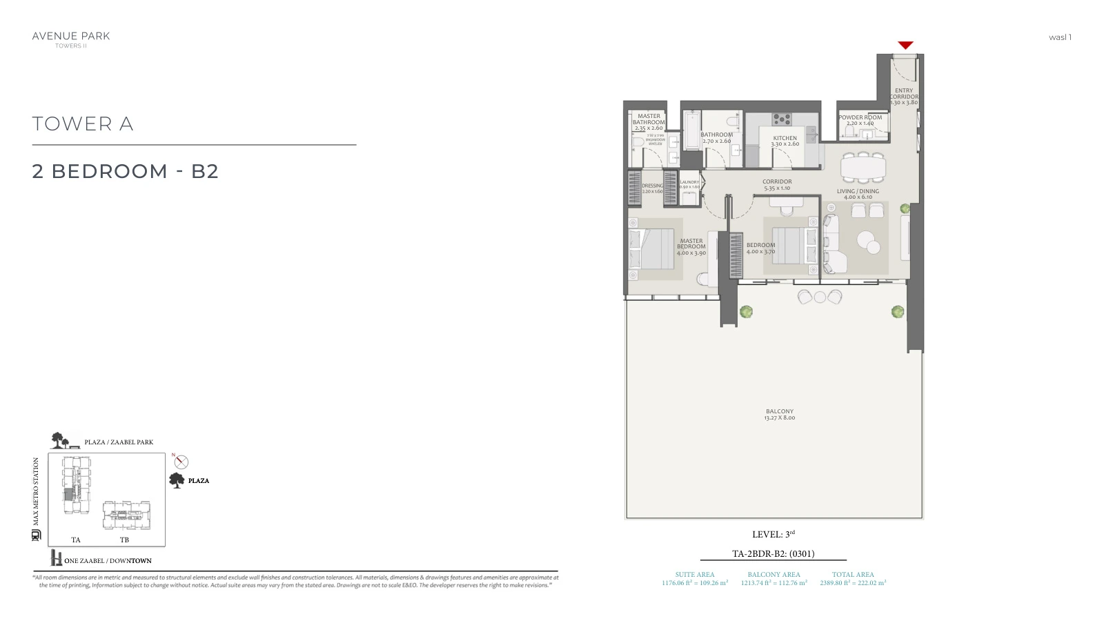 Avenue Park Towers II Tower A 2-bedroom Type B2 - Unit 0301 apartment floor plan, unit plan, total 2,389.80 sq ft (222.02 sq m).
