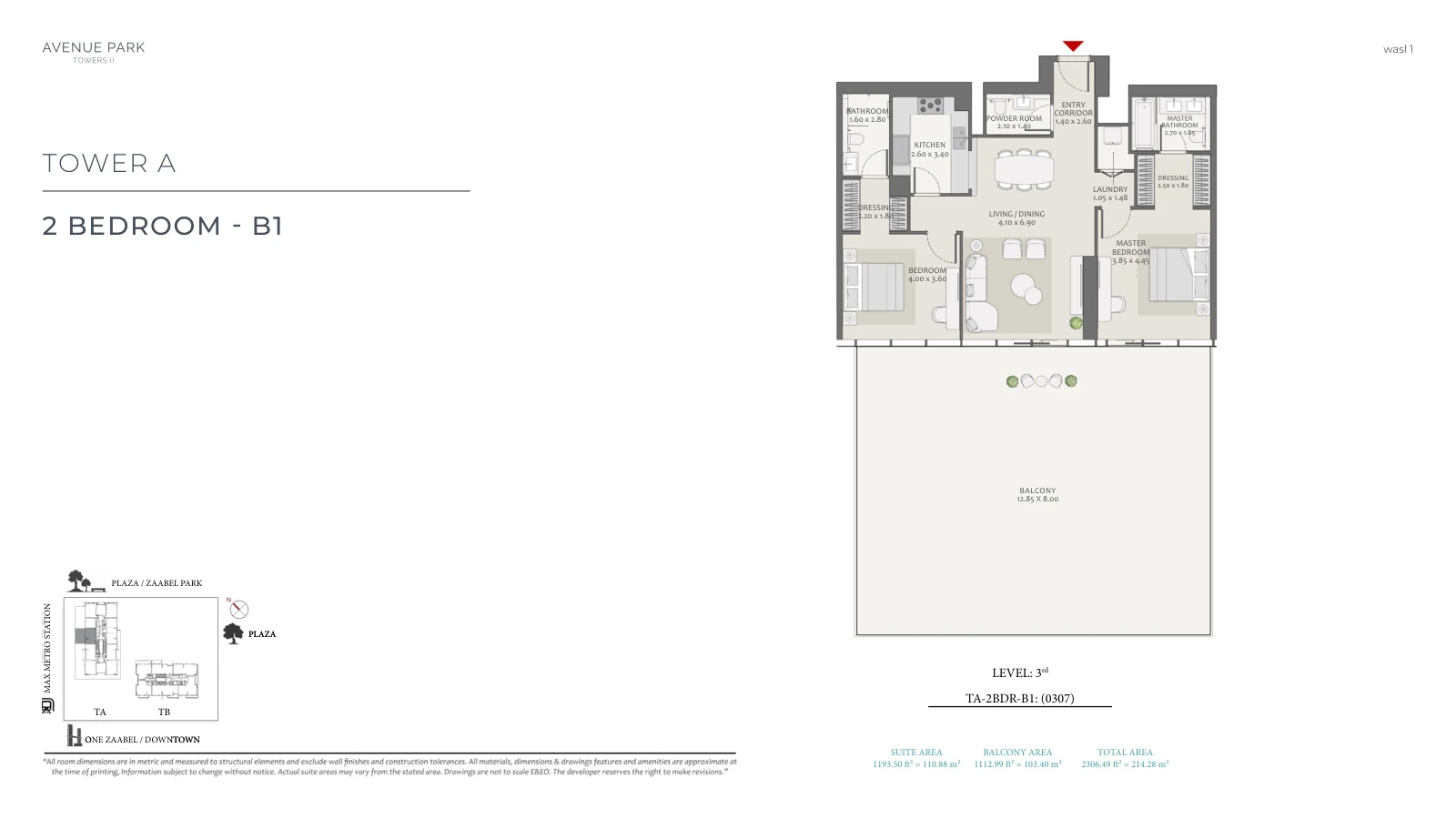 Avenue Park Towers II Tower A 2-bedroom Type B1 - Unit 0307 apartment floor plan, unit plan, total 2,306.49 sq ft (214.28 sq m).