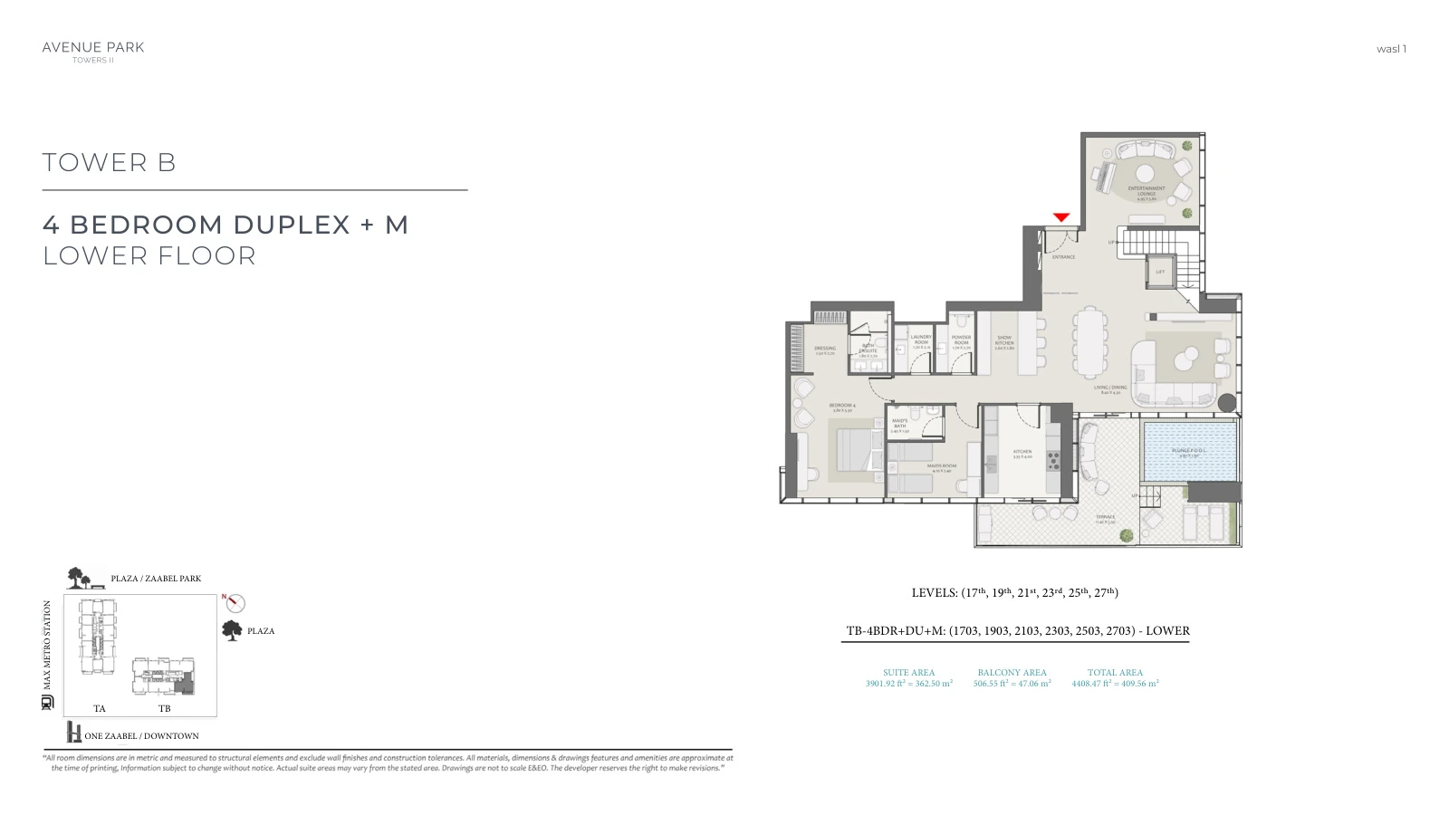 Avenue Park Towers II Tower B 4-bedroom With Maid and Pool duplex floor plan, lower floor, total 4,408.47 sq ft (409.56 sq m).