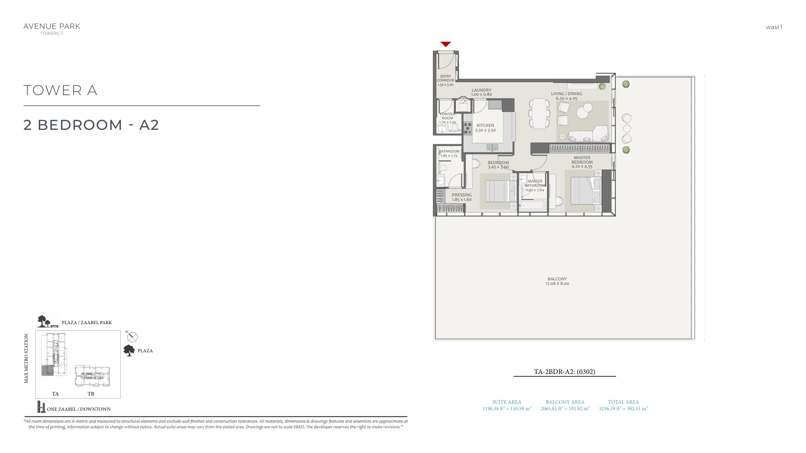 Avenue Park Towers II Tower A 2-bedroom Type A2 - Unit 0302 apartment floor plan, unit plan, total 3,256.19 sq ft (302.51 sq m).