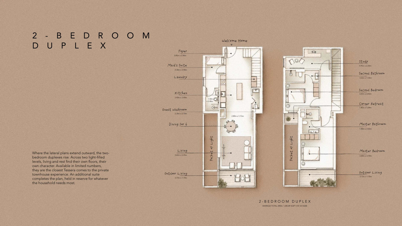 Tessera by Al Ghurair 2-bedroom duplex floor plan showing both levels, average total area 1,585.89 sq ft.