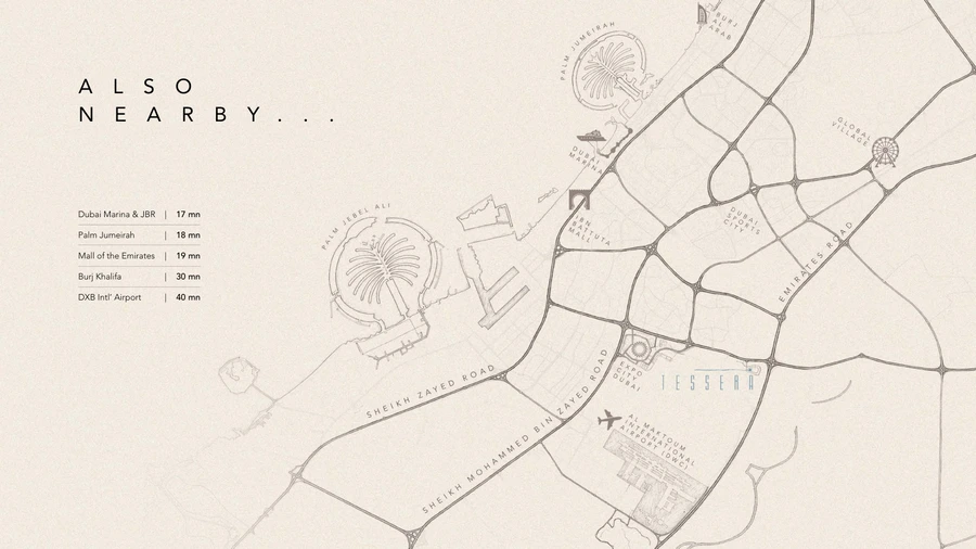 Tessera by Al Ghurair location map showing Dubai South, Expo City, Al Maktoum International Airport and major road connections.