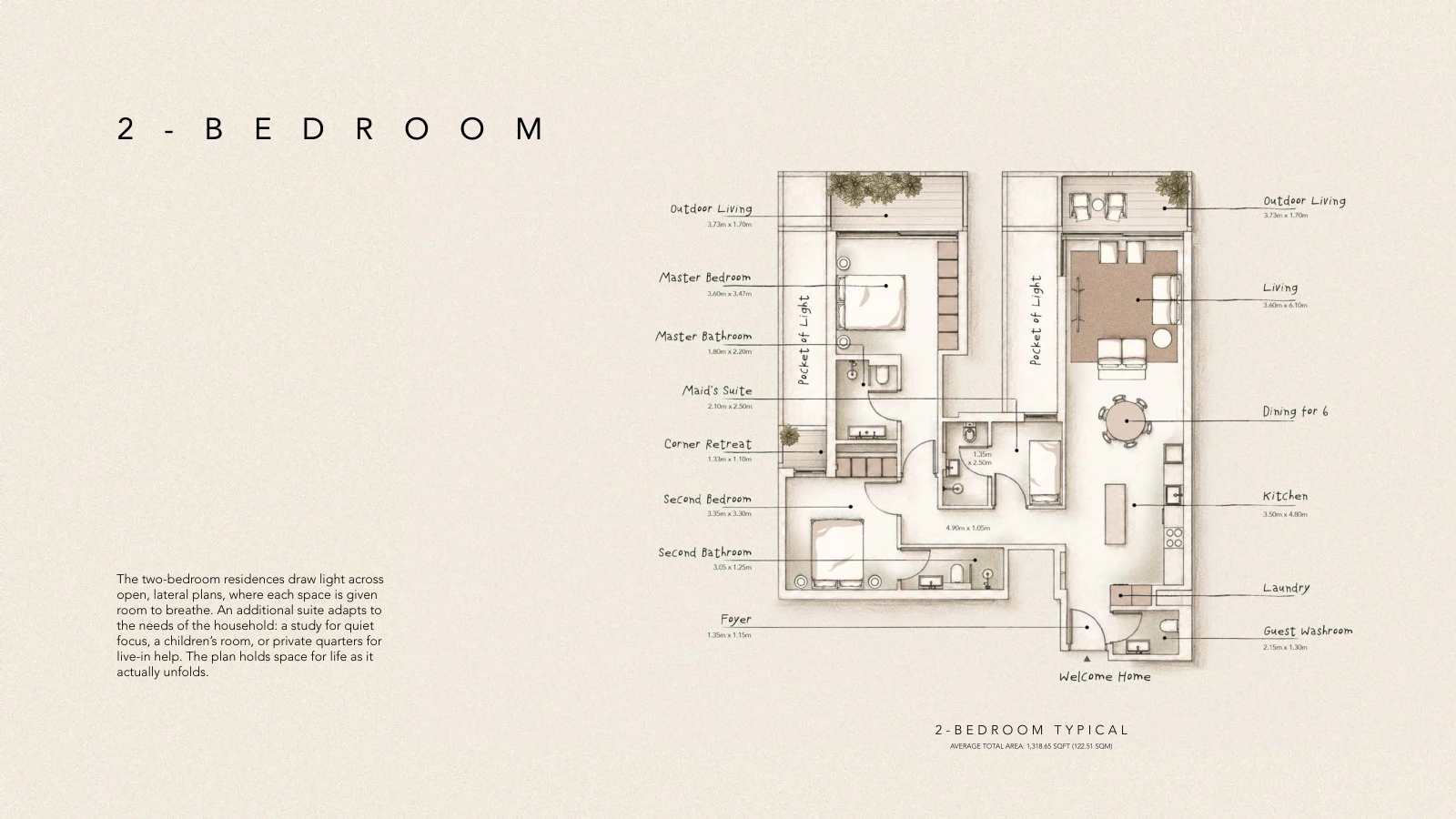 Tessera by Al Ghurair 2-bedroom typical apartment floor plan, average total area 1,318.65 sq ft.
