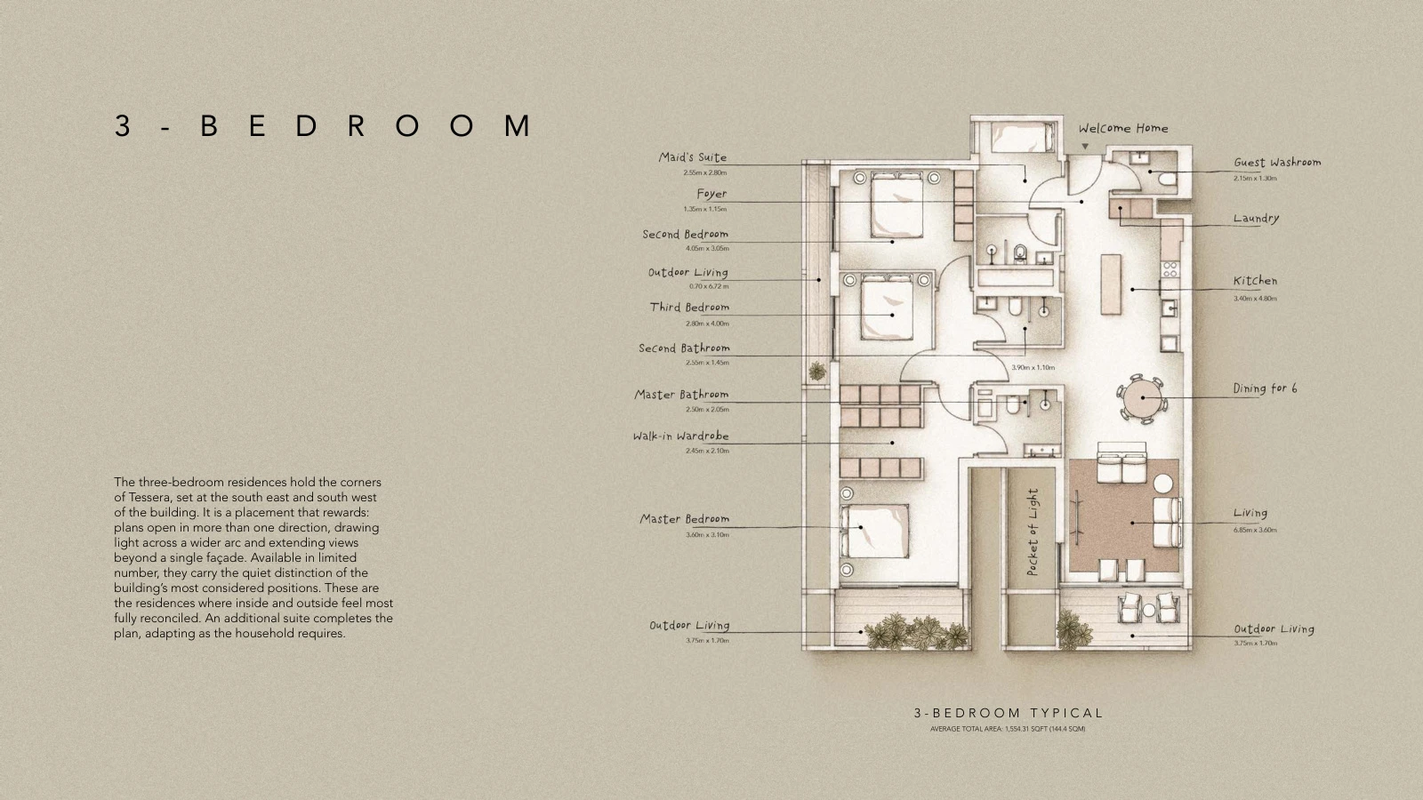 Tessera by Al Ghurair 3-bedroom typical apartment floor plan, average total area 1,554.31 sq ft.