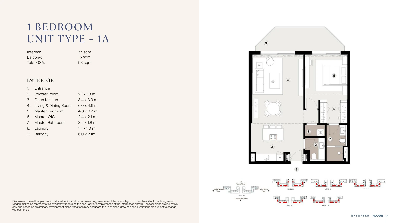 Bashayer Residences 1-bedroom Type 1A apartment floor plan, total GSA 1,001.04 sq ft (93 sq m).