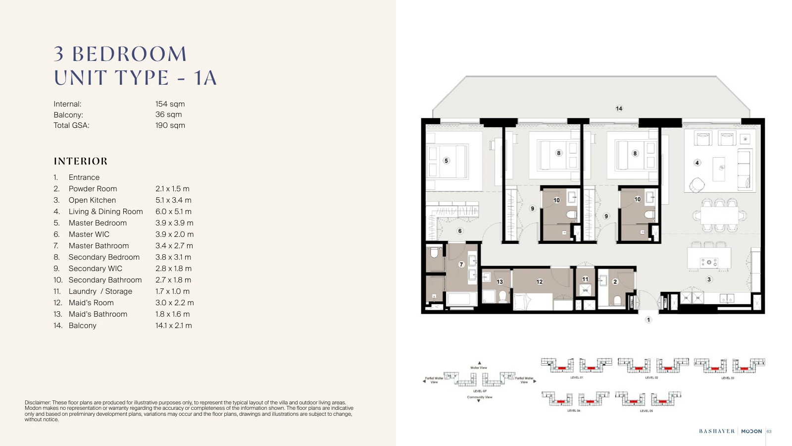 Bashayer Residences 3-bedroom Type 1A apartment floor plan, total GSA 2,045.14 sq ft (190 sq m).