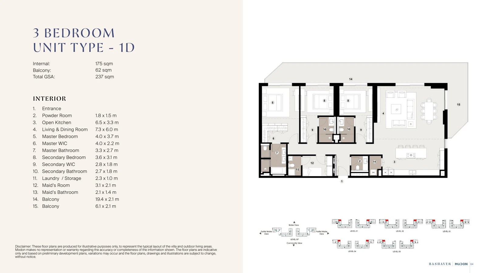Bashayer Residences 3-bedroom Type 1D apartment floor plan, total GSA 2,551.05 sq ft (237 sq m).