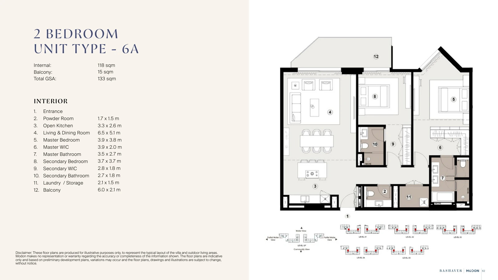 Bashayer Residences 2-bedroom Type 6A apartment floor plan, total GSA 1,431.6 sq ft (133 sq m).