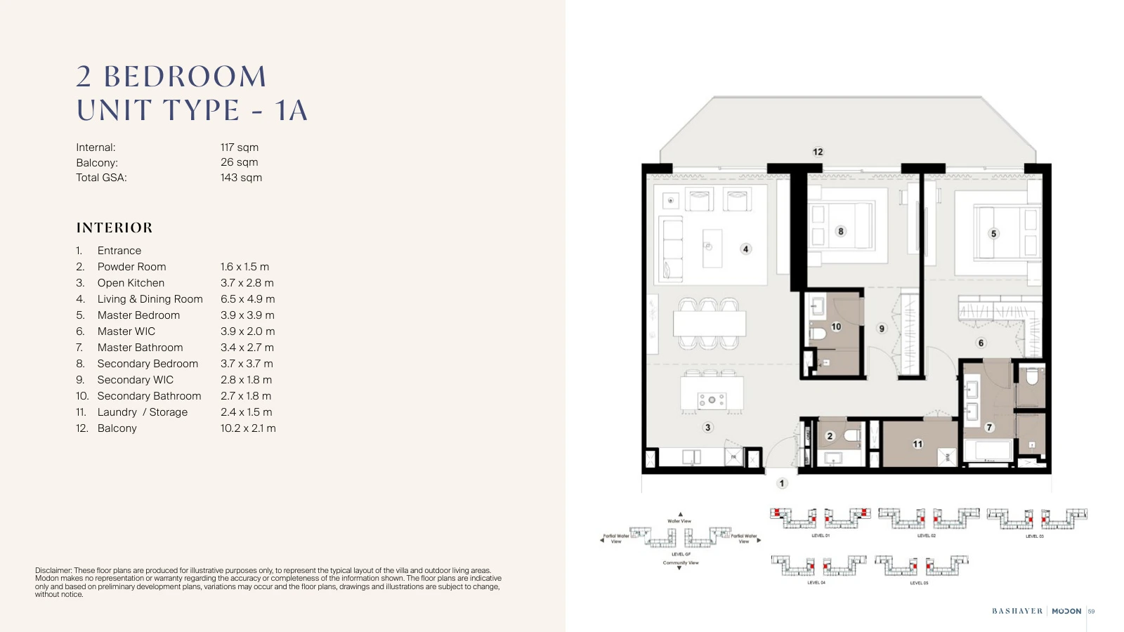 Bashayer Residences 2-bedroom Type 1A apartment floor plan, total GSA 1,539.24 sq ft (143 sq m).