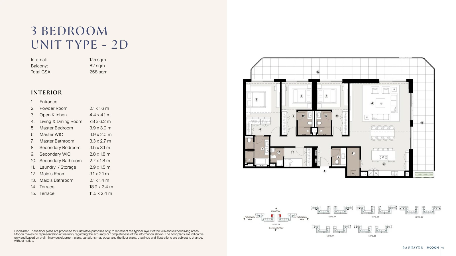 Bashayer Residences 3-bedroom Type 2D apartment floor plan, total GSA 2,777.09 sq ft (258 sq m).