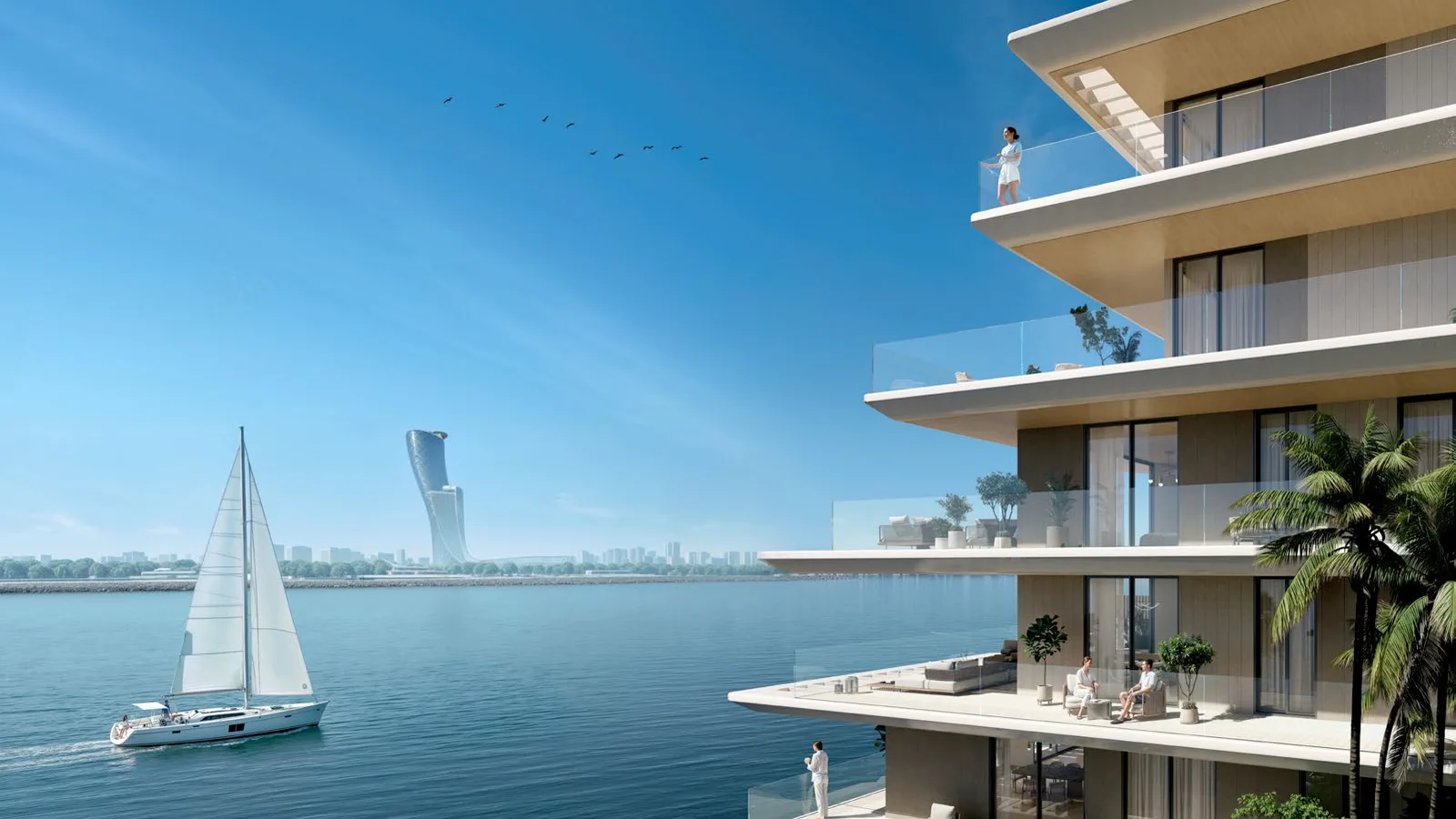 Layered residence balconies overlooking the water at Bashayer Residences.