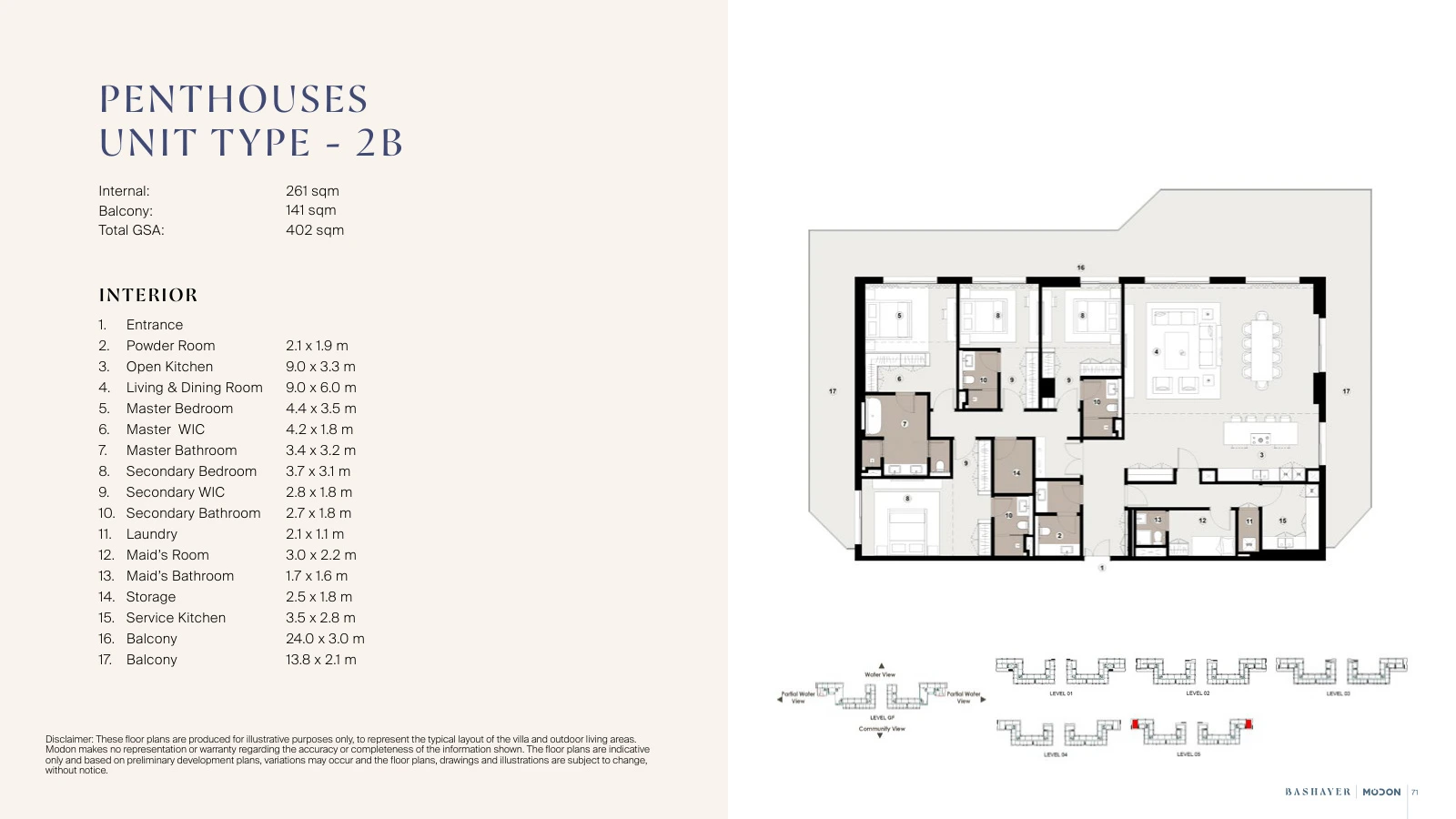Bashayer Residences 4-bedroom Type 2B penthouse floor plan, total GSA 4,327.09 sq ft (402 sq m).