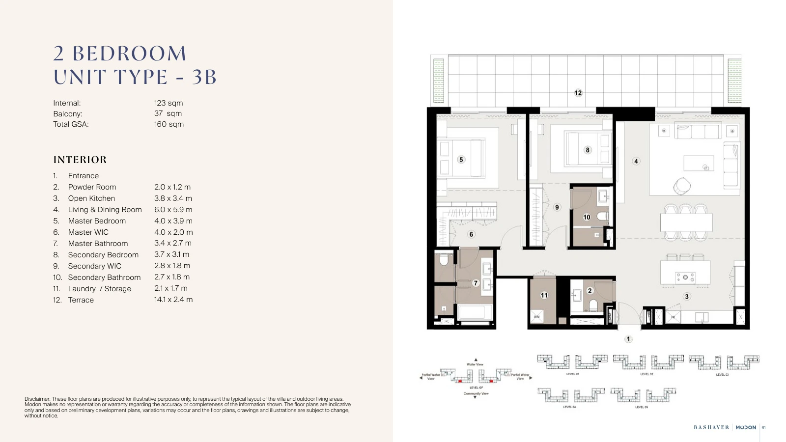 Bashayer Residences 2-bedroom Type 3B apartment floor plan, total GSA 1,722.23 sq ft (160 sq m).
