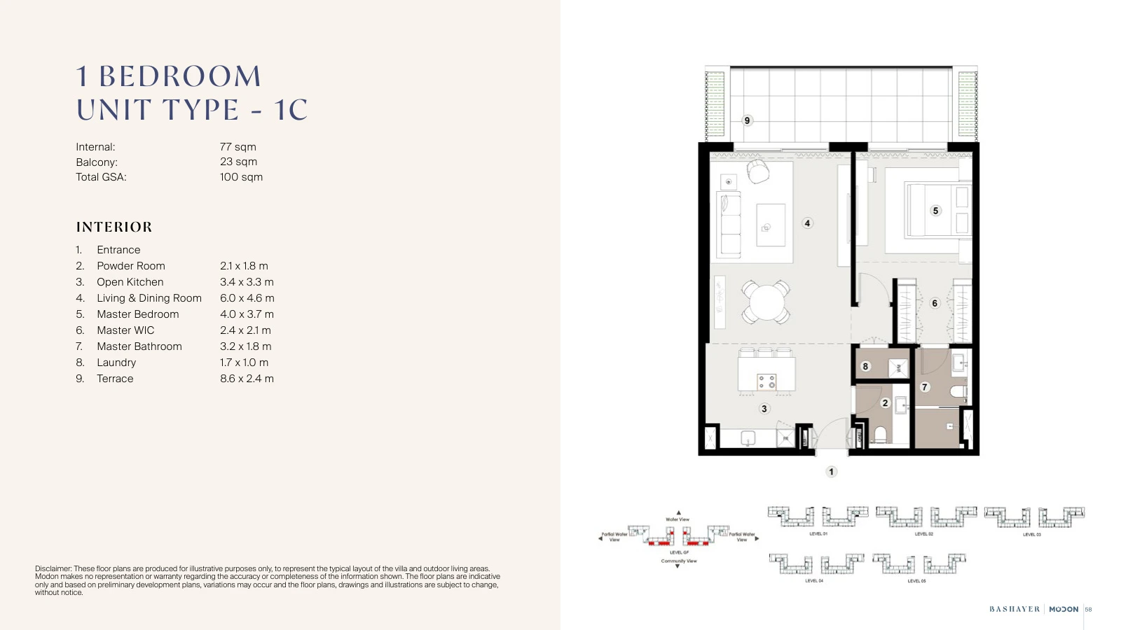 Bashayer Residences 1-bedroom Type 1C apartment floor plan, total GSA 1,076.39 sq ft (100 sq m).