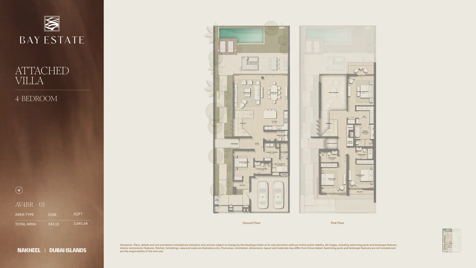 Bay Estate 4-bedroom Attached 01 villa floor plan showing ground and first floors, total area 3,693.64 sq ft.