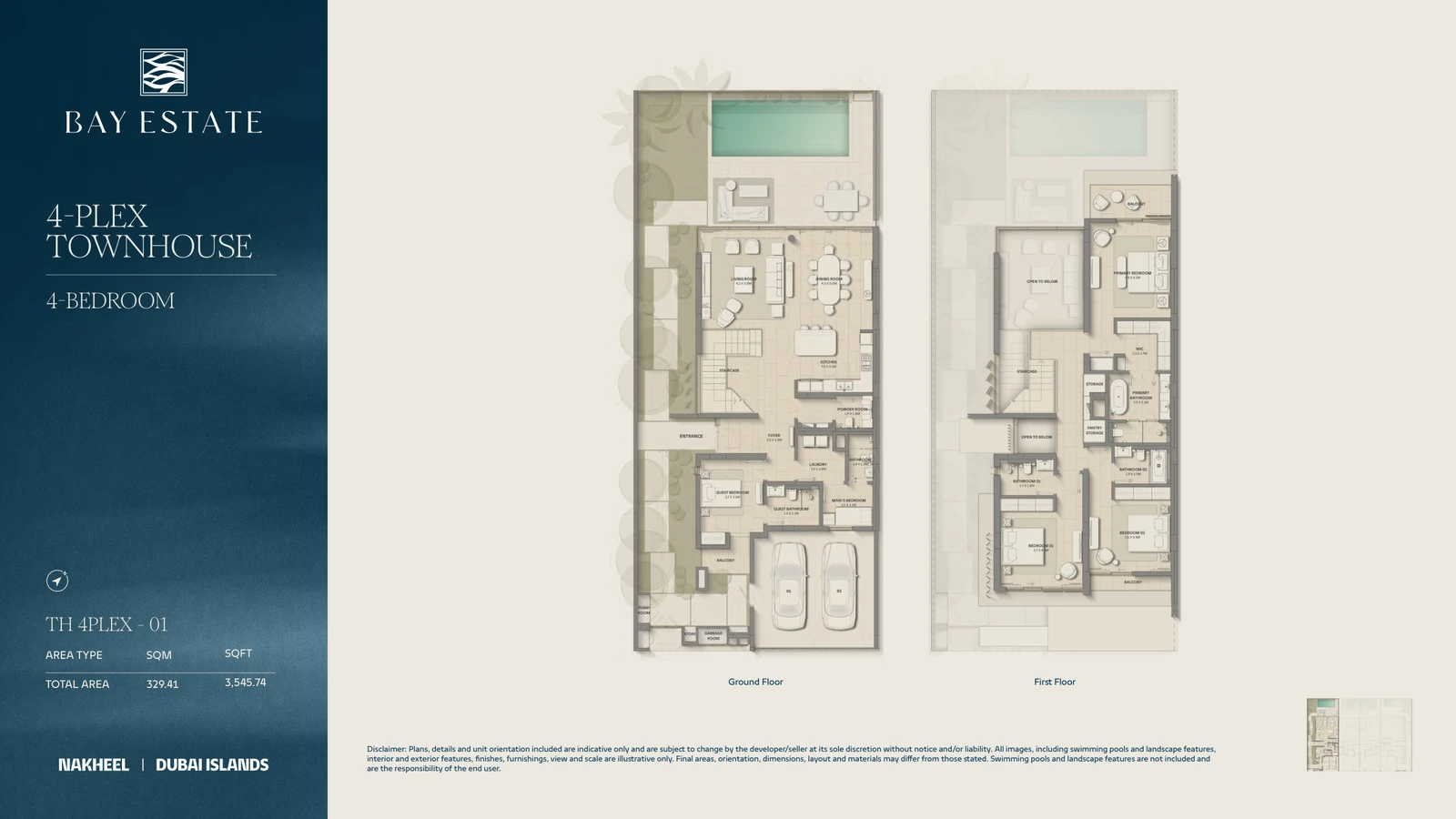 Bay Estate 4-bedroom 4-Plex 01 townhouse floor plan showing ground and first floors, total area 3,545.74 sq ft.