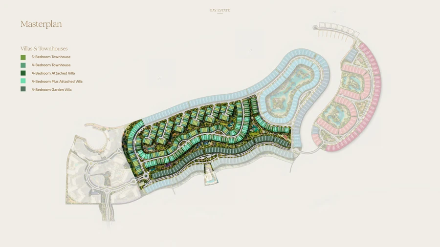 Bay Estate master plan showing the coastal site, roads, lagoons and the Verda townhouse and villa layout categories.