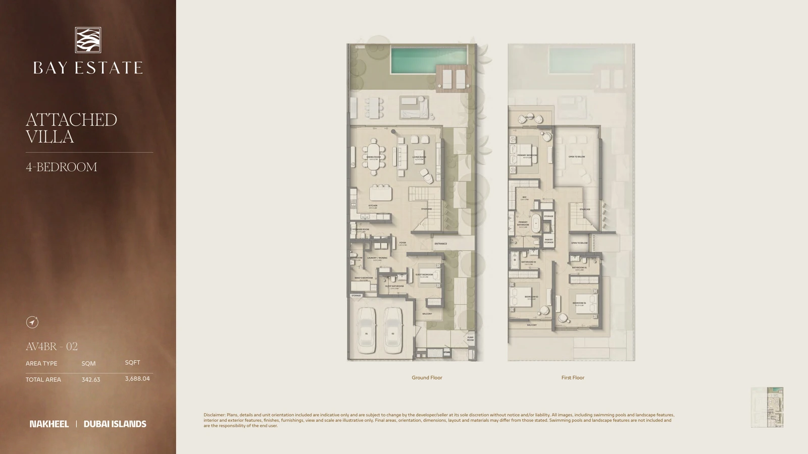 Bay Estate 4-bedroom Attached 02 villa floor plan showing ground and first floors, total area 3,688.04 sq ft.