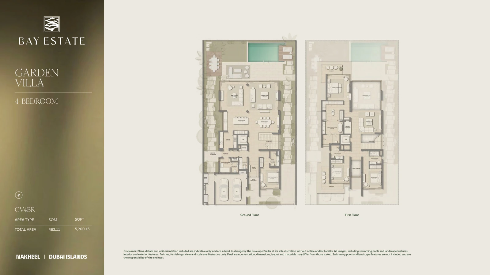 Bay Estate 4-bedroom Garden villa floor plan showing ground and first floors, total area 5,200.15 sq ft.
