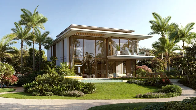 Garden villa with a double-height glazed corner and deep terrace at Bay Estate.
