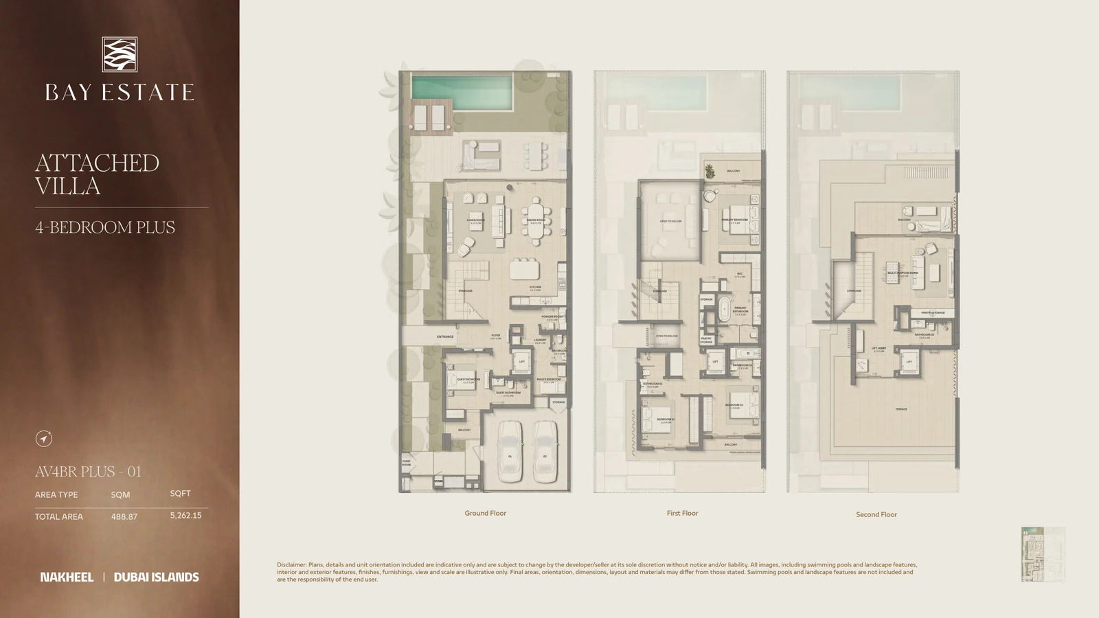 Bay Estate 4-bedroom Attached Plus 01 villa floor plan showing ground, first and second floors, total area 5,262.15 sq ft.