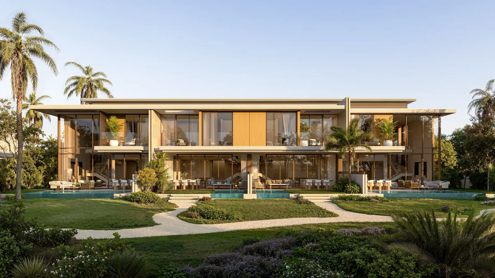 Four-home townhouse row with two-storey glazing and garden terraces at Bay Estate.