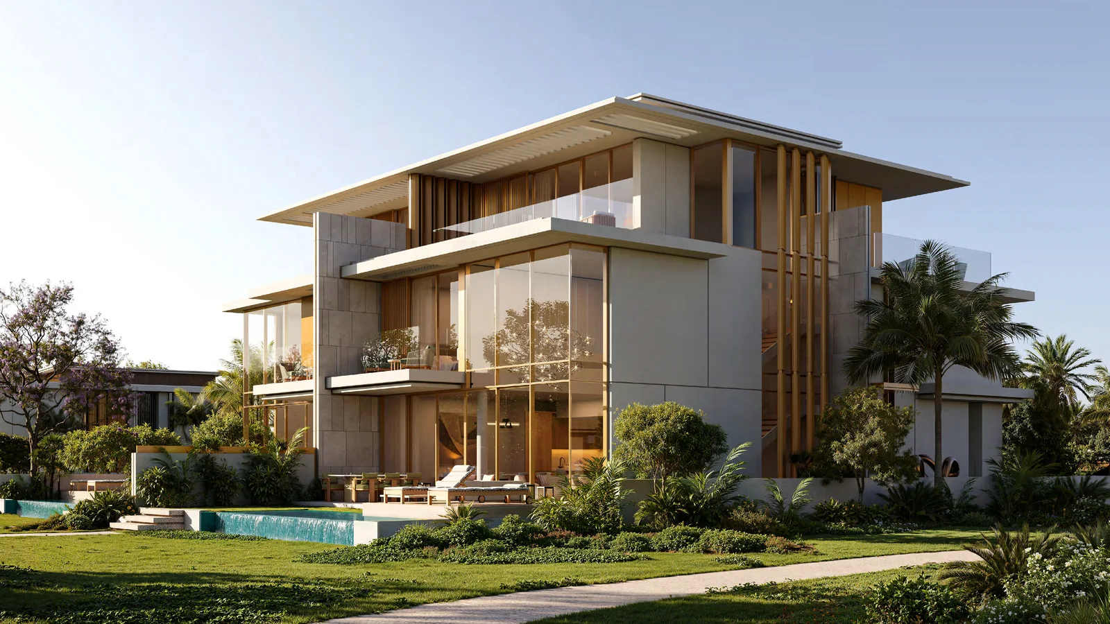 Attached Plus villa with upper-level accommodation and glazed living spaces at Bay Estate.