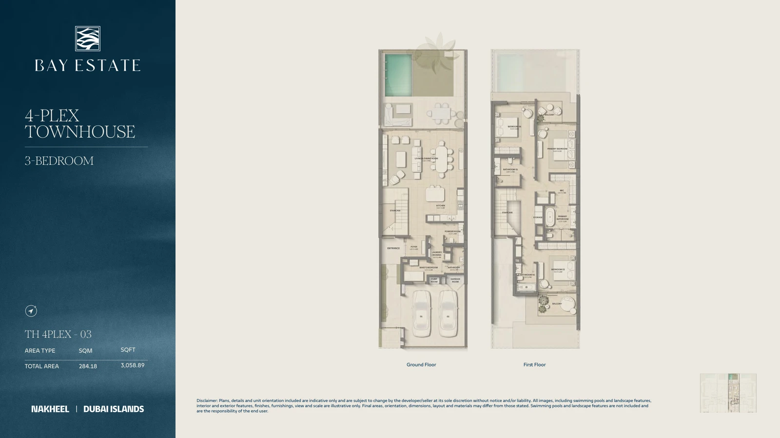 Bay Estate 3-bedroom 4-Plex 03 townhouse floor plan showing ground and first floors, total area 3,058.89 sq ft.