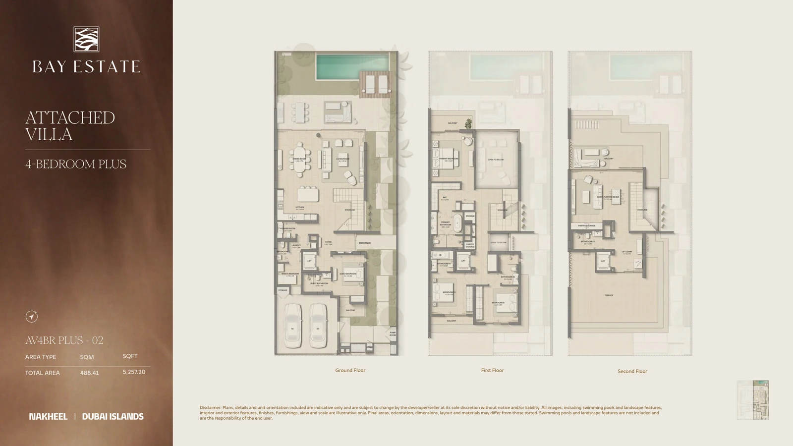 Bay Estate 4-bedroom Attached Plus 02 villa floor plan showing ground, first and second floors, total area 5,257.20 sq ft.