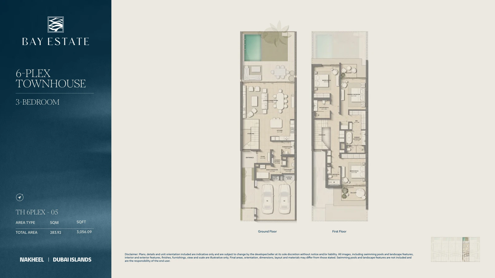 Bay Estate 3-bedroom 6-Plex 05 townhouse floor plan showing ground and first floors, total area 3,056.09 sq ft.
