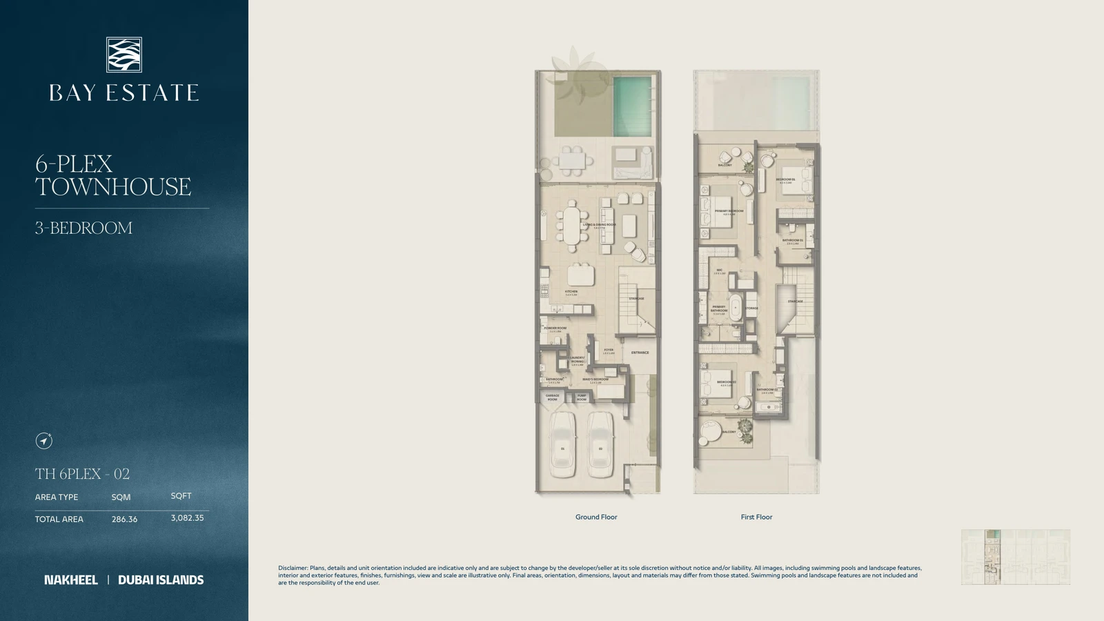 Bay Estate 3-bedroom 6-Plex 02 townhouse floor plan showing ground and first floors, total area 3,082.35 sq ft.