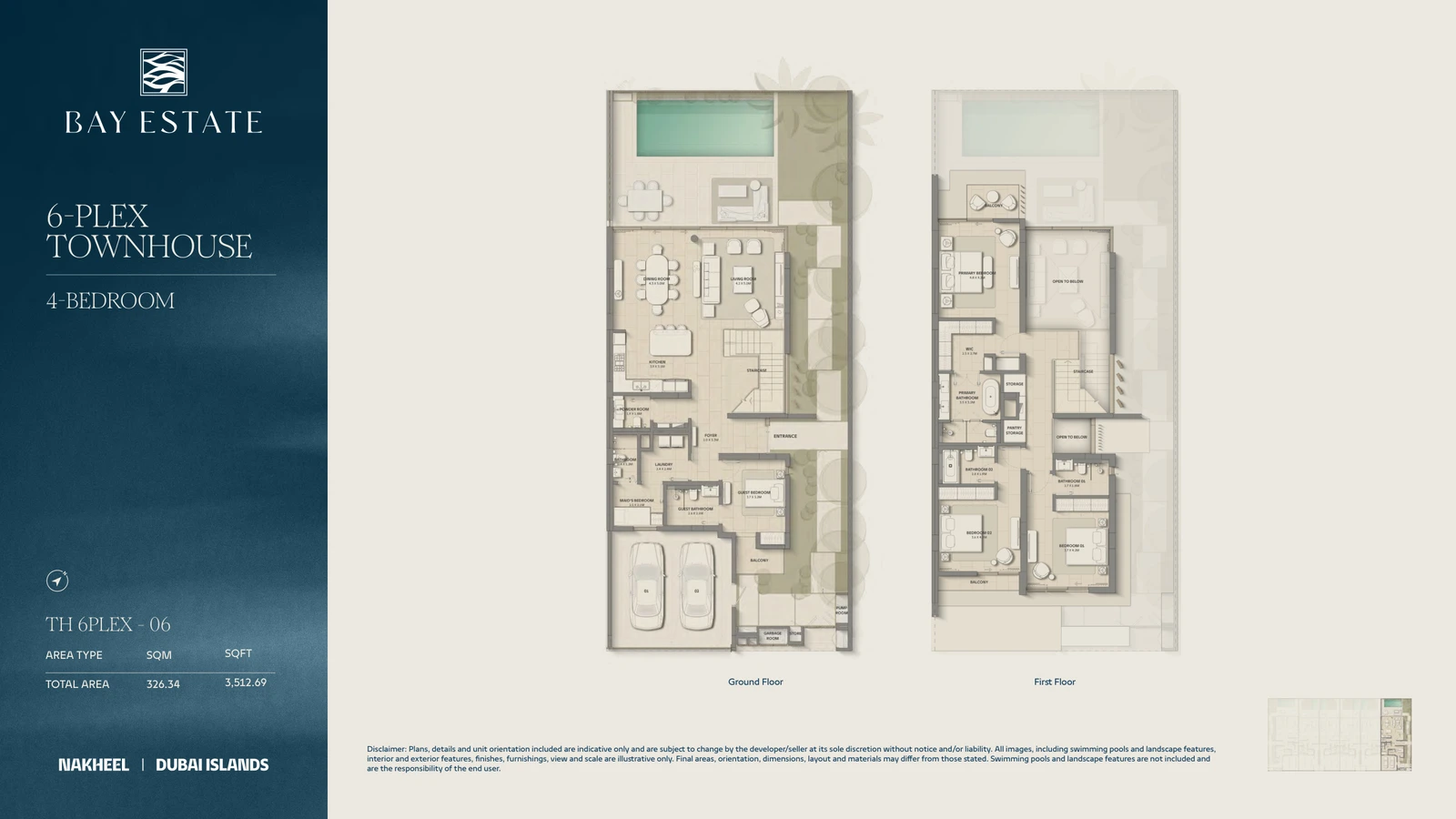 Bay Estate 4-bedroom 6-Plex 06 townhouse floor plan showing ground and first floors, total area 3,512.69 sq ft.