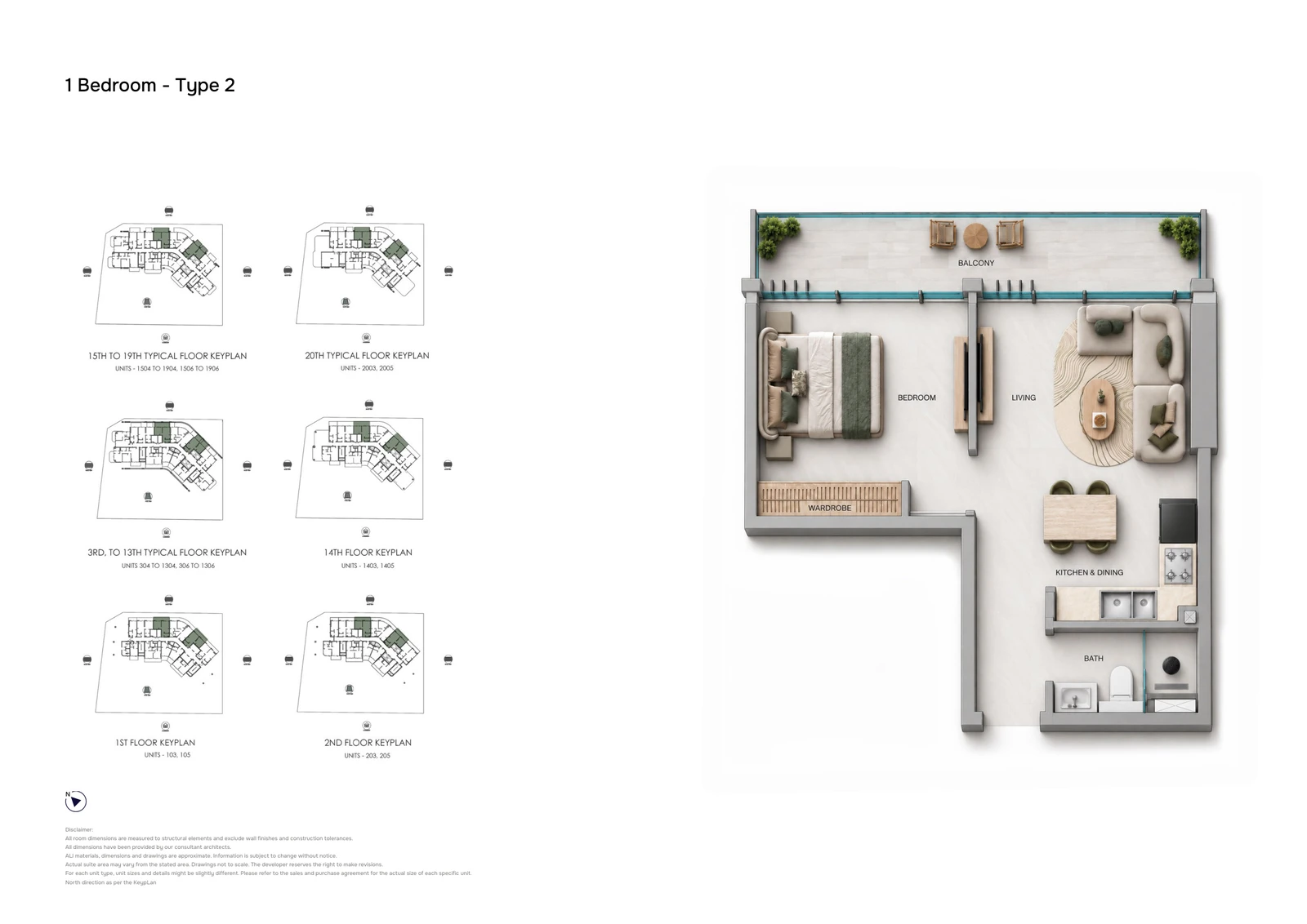 Samana Downtown One 1-bedroom Type 2 apartment floor plan showing the typical layout with a separate bedroom, kitchen and dining space and balcony.