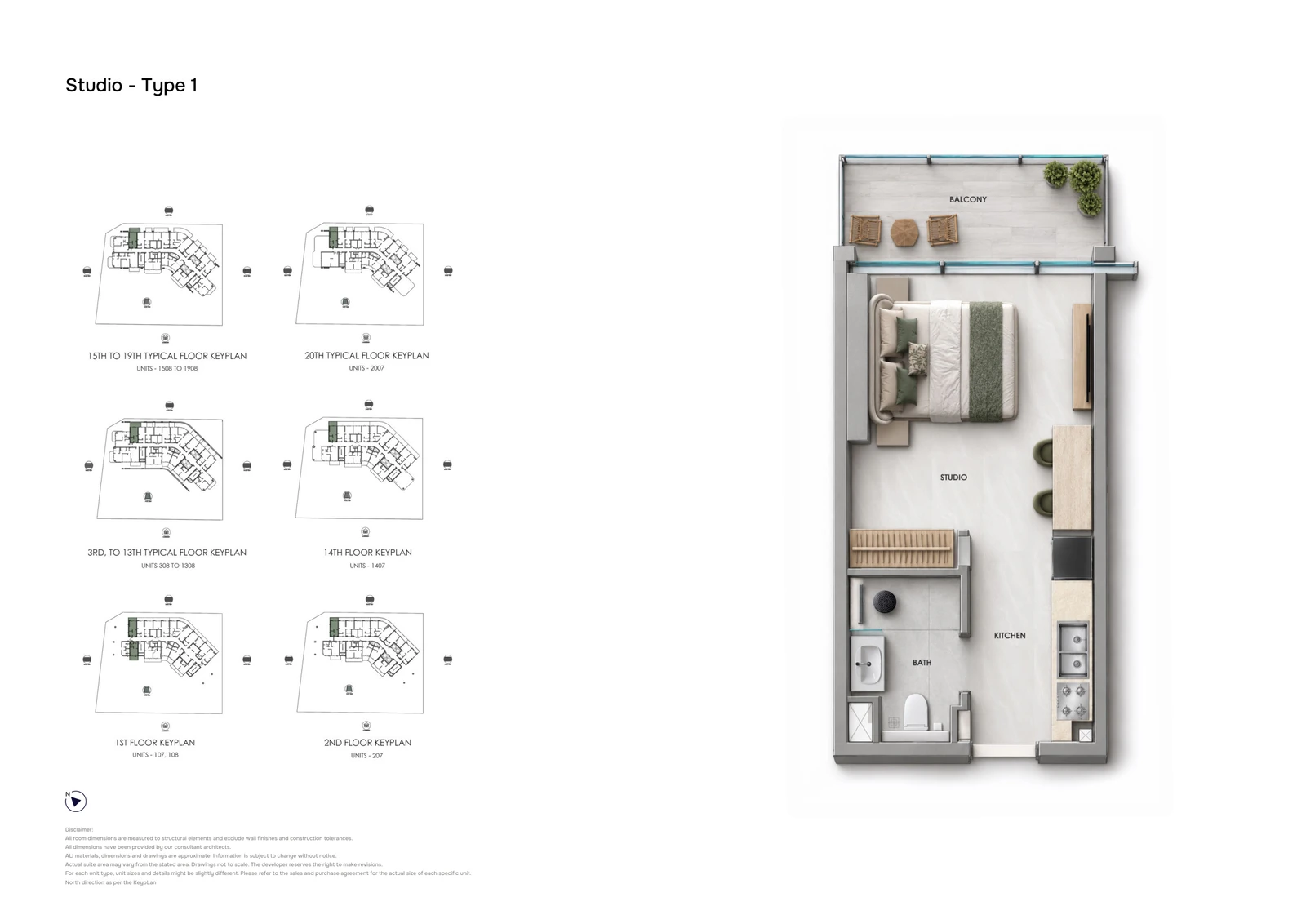 Samana Downtown One studio Type 1 apartment floor plan showing the typical layout with rectangular open-plan living space and a balcony.