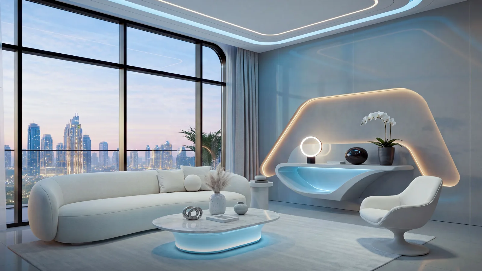Living room with full-height glazing and sculpted illuminated wall at Samana Downtown One.