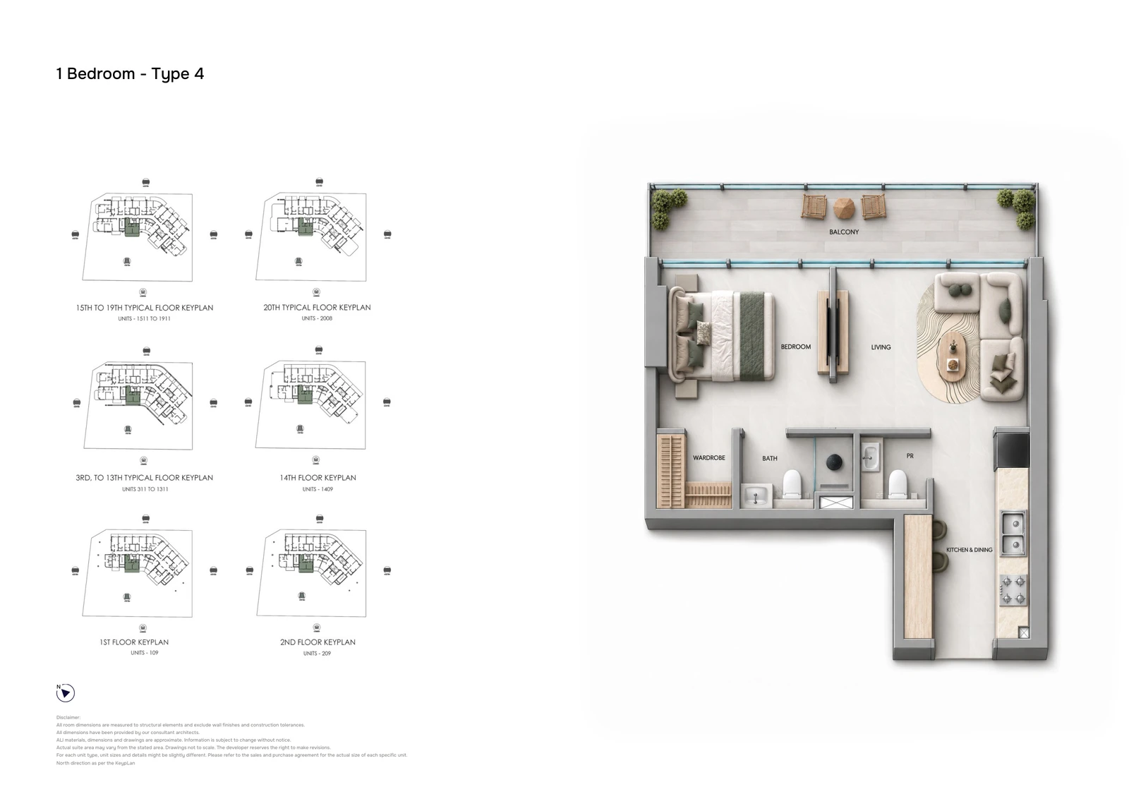 Samana Downtown One 1-bedroom Type 4 apartment floor plan showing the typical layout with a bathroom, powder room and full-width balcony.
