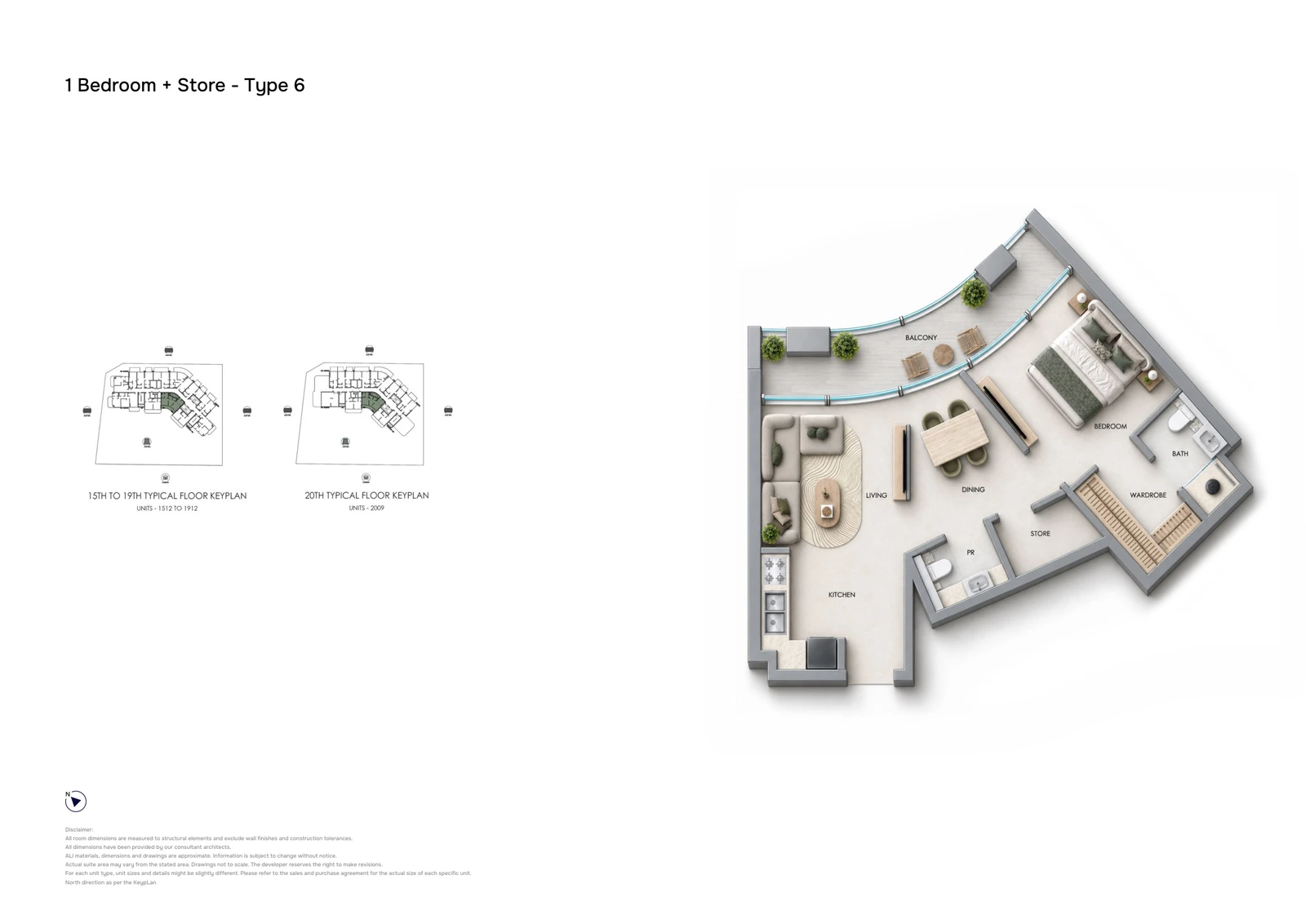 Samana Downtown One 1-bedroom Type 6 With Store apartment floor plan showing the typical layout with a separate store, powder room and curved balcony.